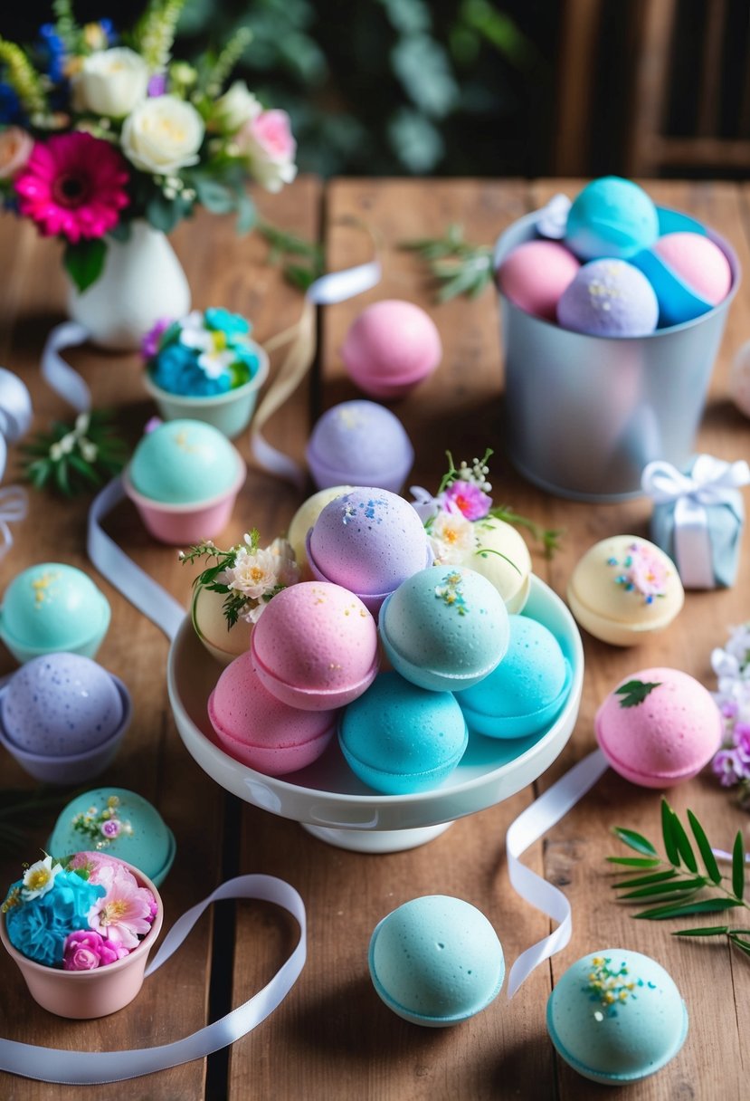 A table filled with colorful handmade bath bombs, surrounded by floral decorations and ribbons, ready to be packaged as wedding gift ideas