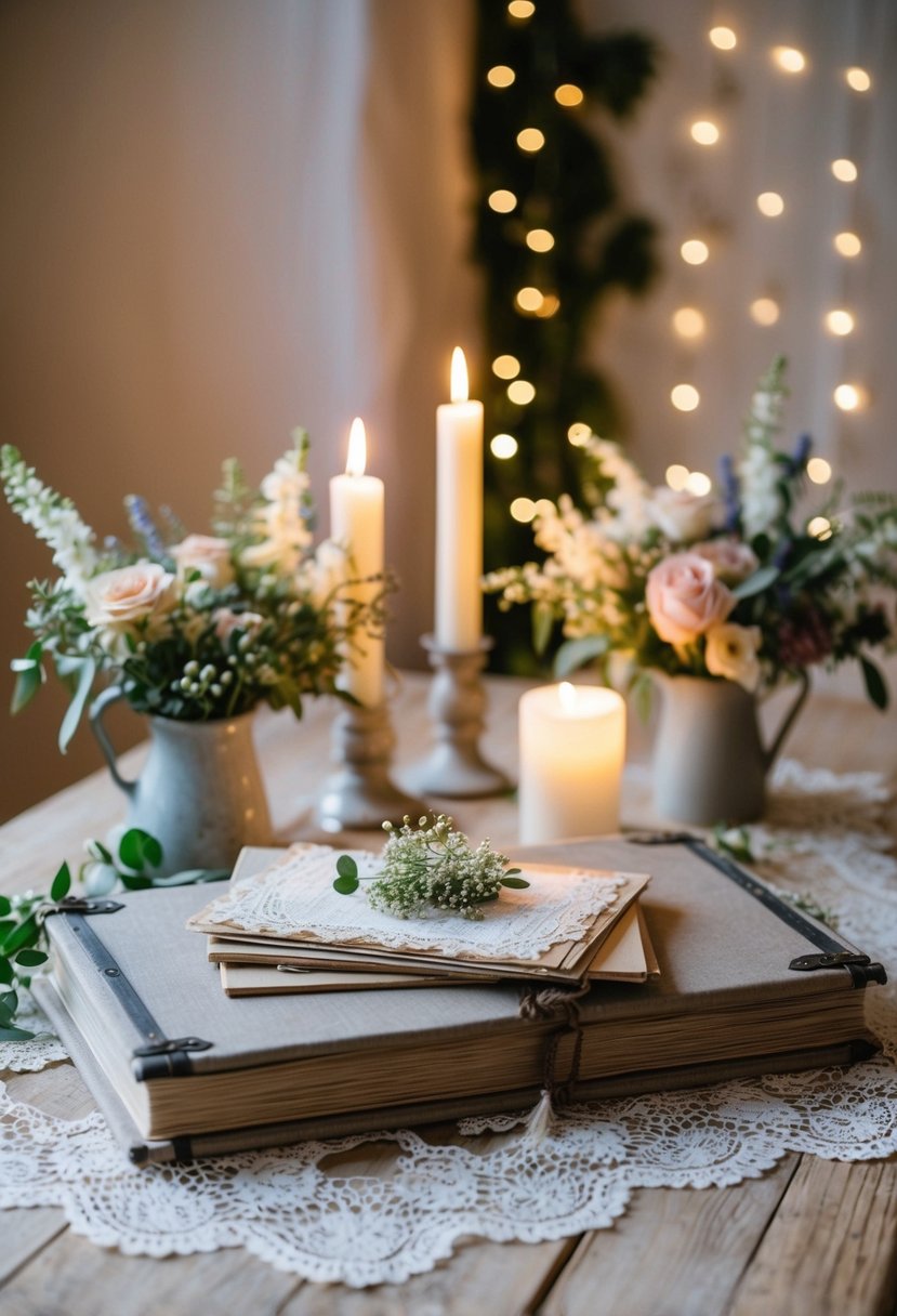 A rustic wooden table adorned with handmade photo albums, vintage lace, and delicate floral arrangements, set against a backdrop of soft candlelight and twinkling fairy lights