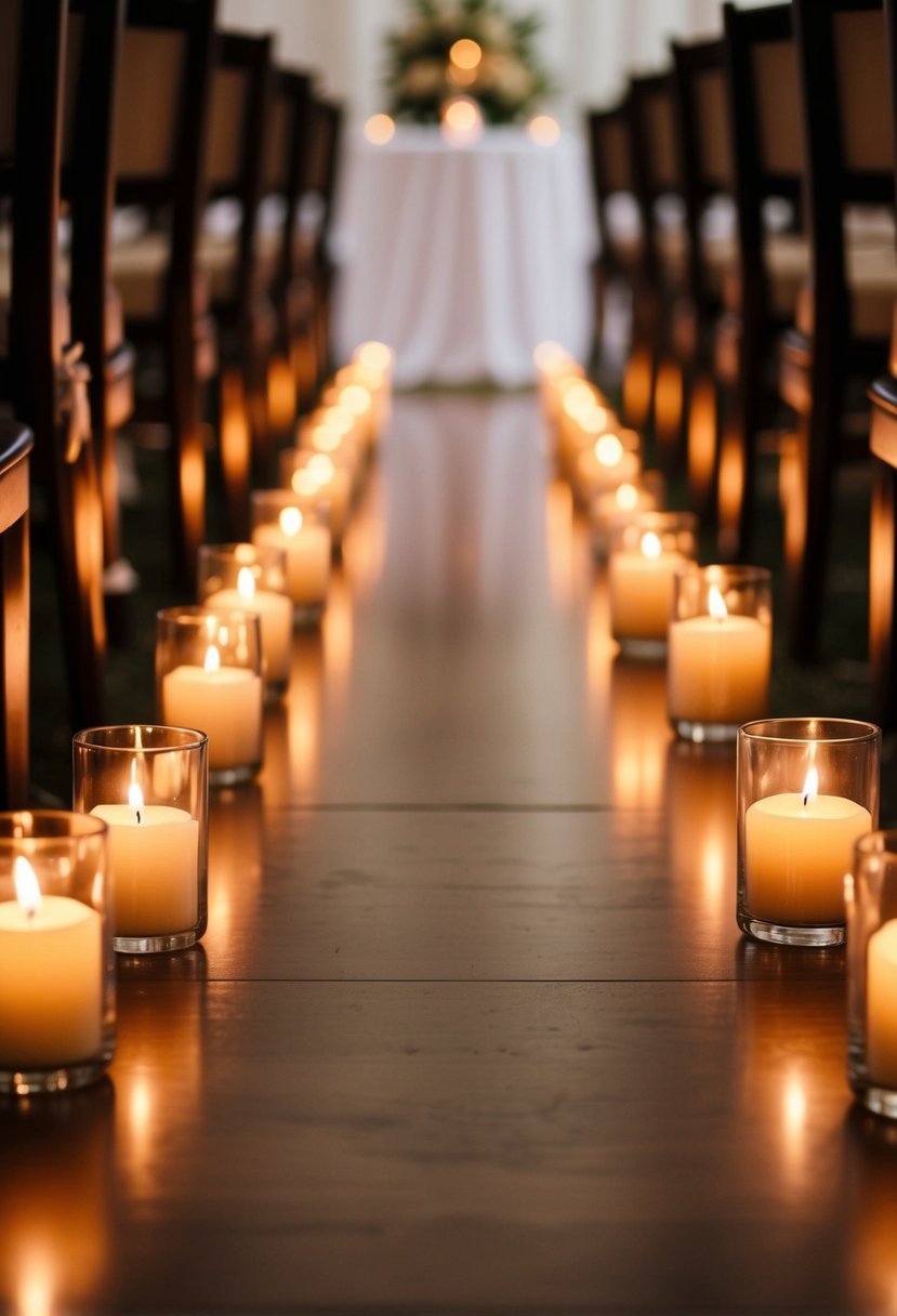 Aisle lined with flickering candles in glass holders, casting a warm glow on the path leading to the altar