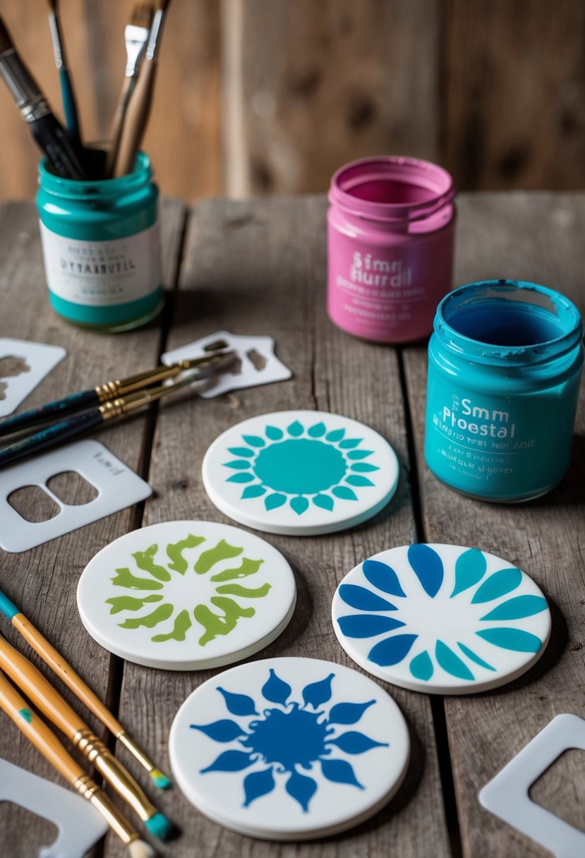 A set of four custom coasters, each with a unique design, sits on a rustic wooden table, surrounded by paintbrushes, stencils, and jars of colorful paint