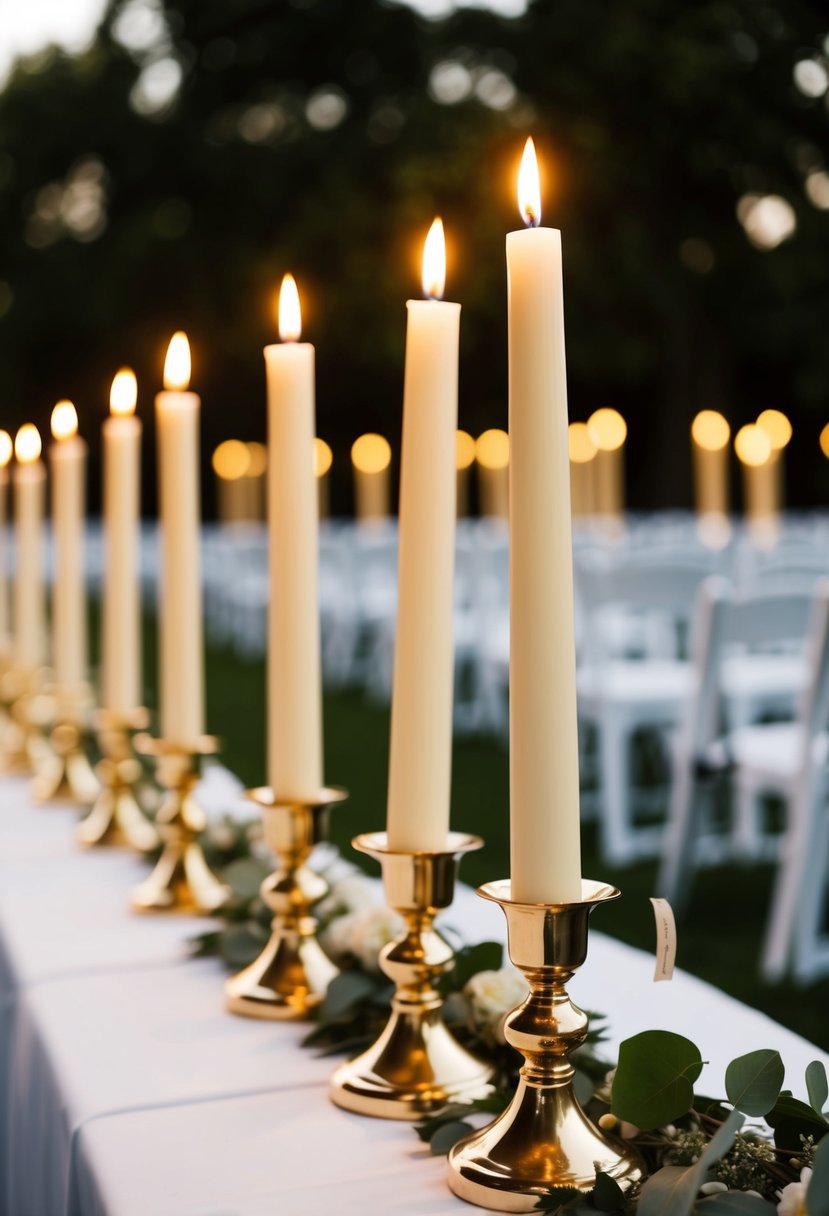 Ivory taper candles in gold holders line the wedding aisle, casting a warm glow