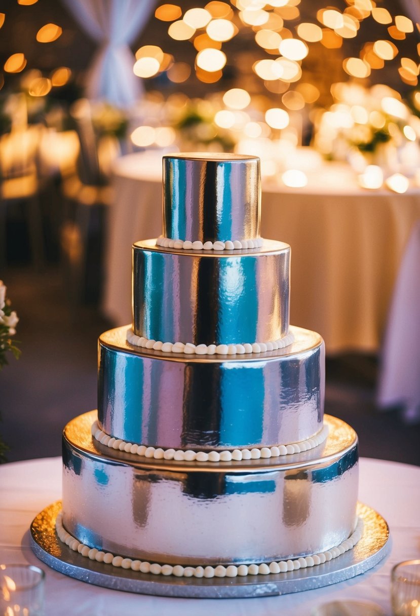 A metallic rainbow highlights a tiered wedding cake, reflecting light and color