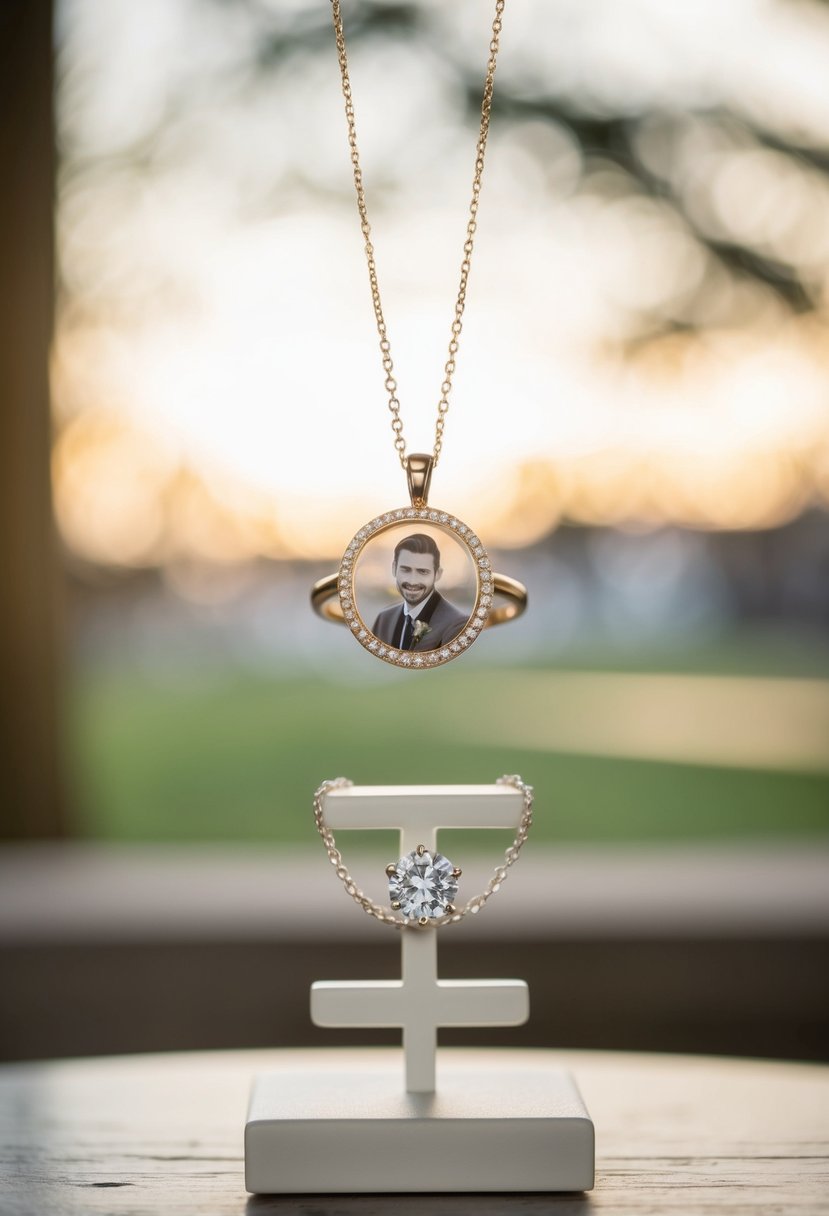 A delicate wedding ring and necklace, engraved with a meaningful photo, displayed on a DIY jewelry stand