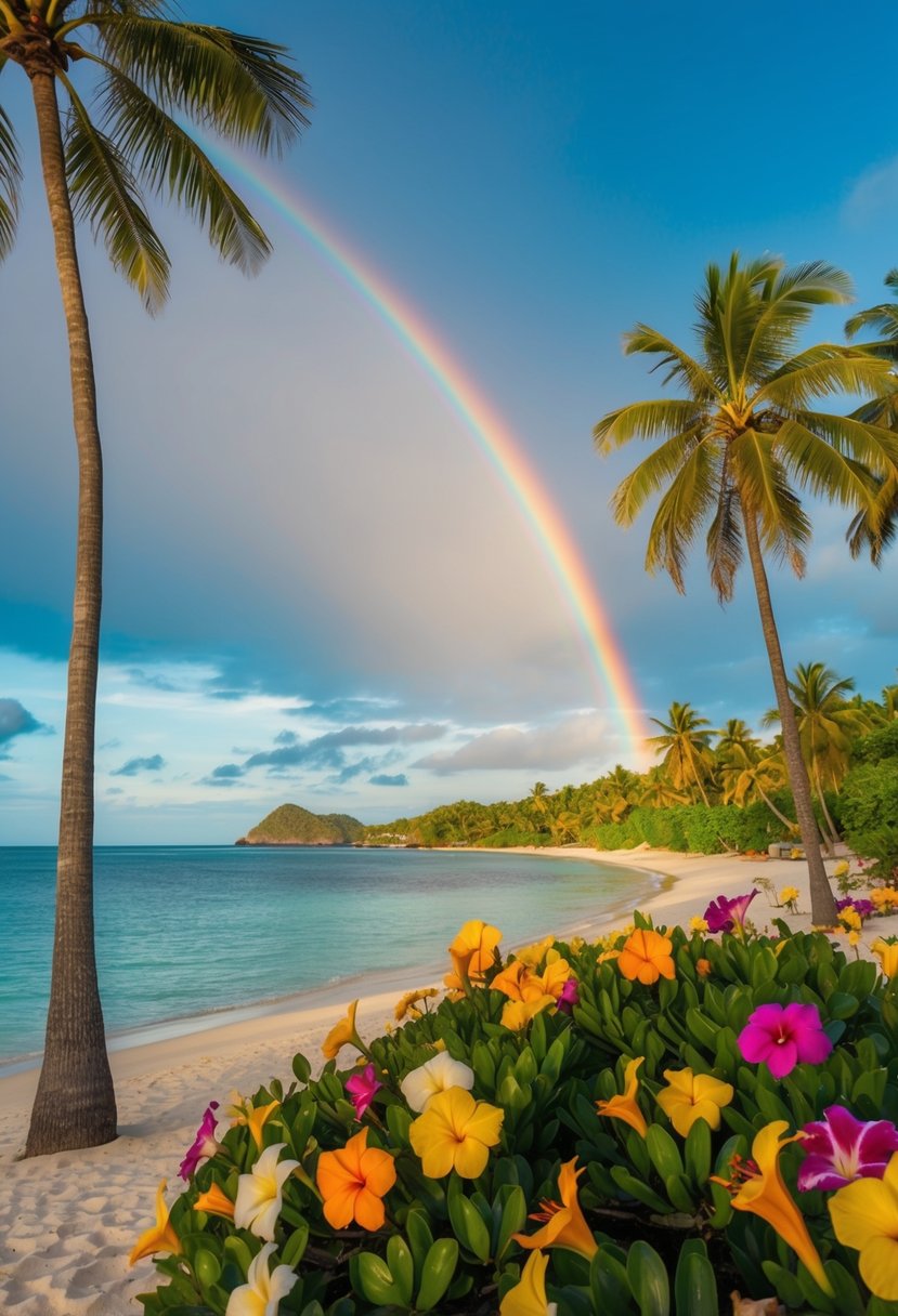 A tropical beach setting with palm trees, colorful flowers, and a vibrant rainbow stretching across the sky