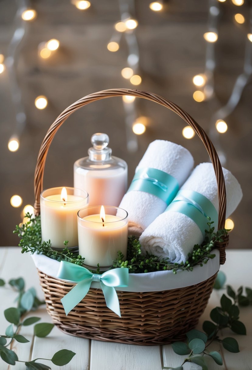 A serene spa day gift basket with candles, bath salts, and luxurious towels, nestled in a wicker basket adorned with ribbon and greenery