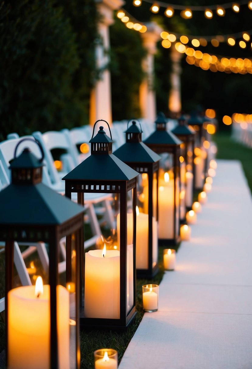 Lanterns with lit candles line a wedding aisle, casting a warm glow