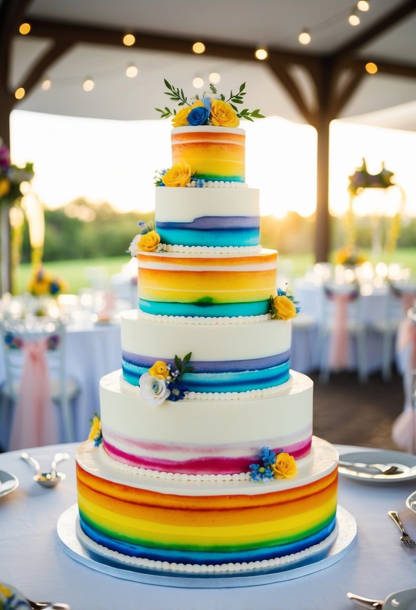 A multi-tiered wedding cake adorned with vibrant watercolor rainbow patterns and delicate fondant decorations