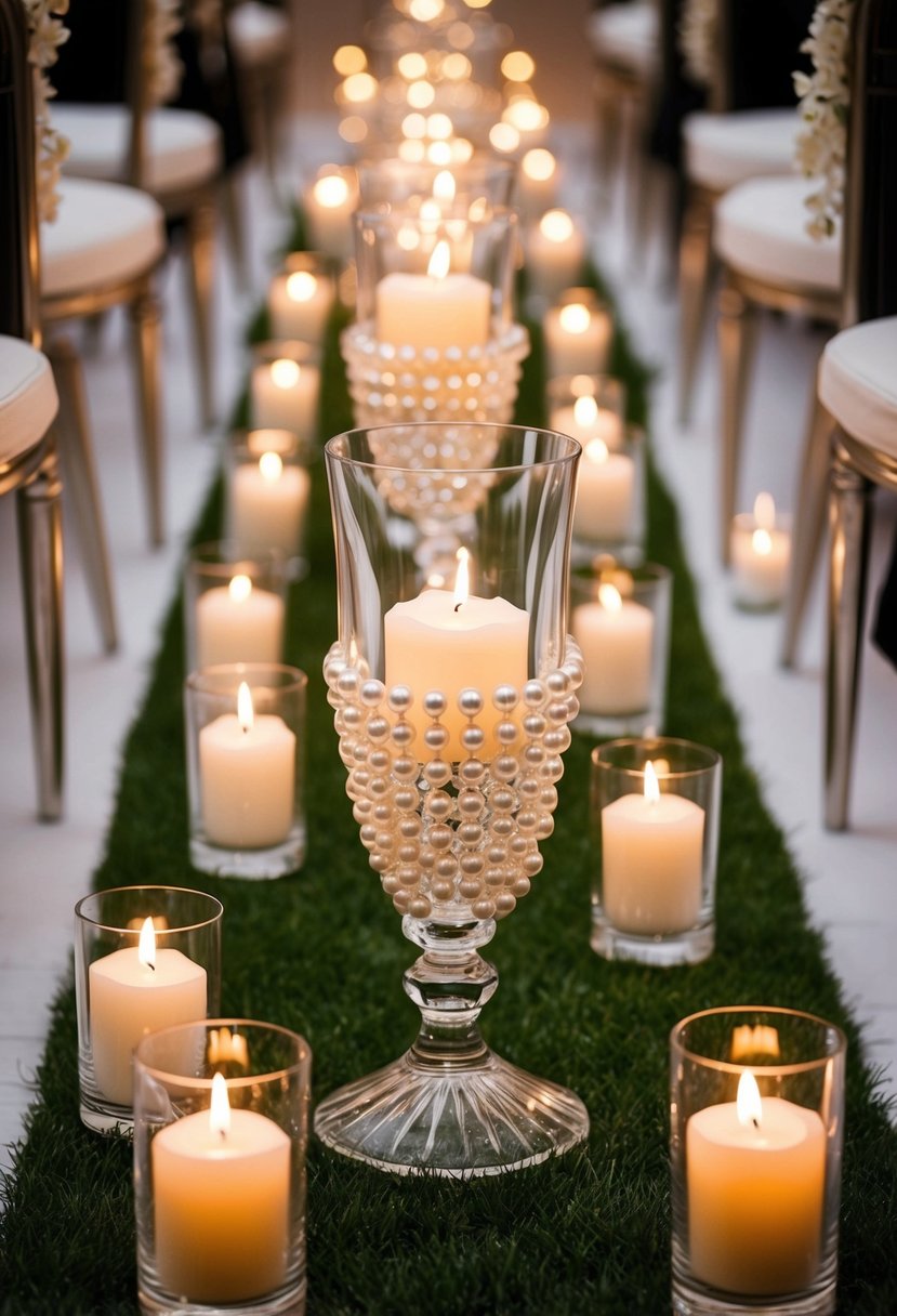 Crystal vases filled with Candle Pearls line the wedding aisle, creating a warm and romantic ambiance