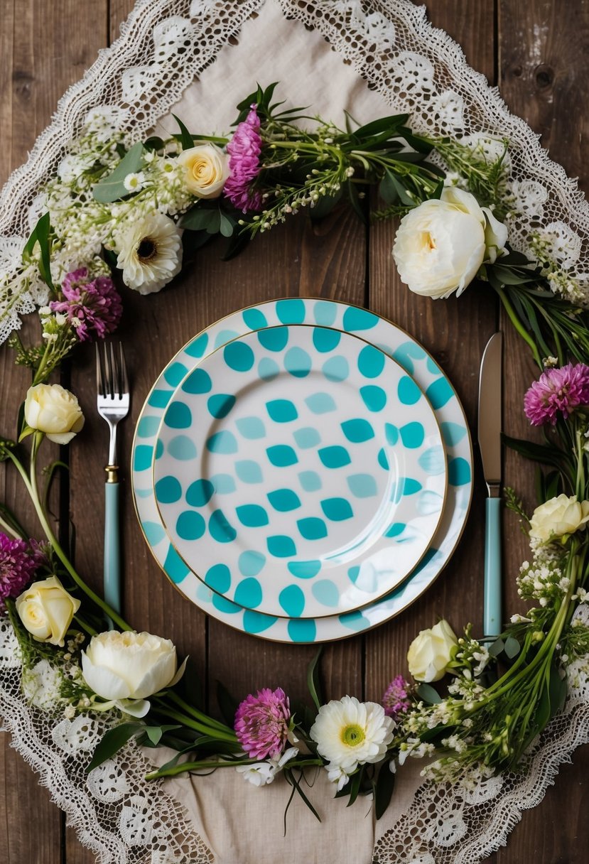 A set of patterned plates arranged on a rustic wooden table, surrounded by fresh flowers and delicate lace, ready to be given as a wedding gift