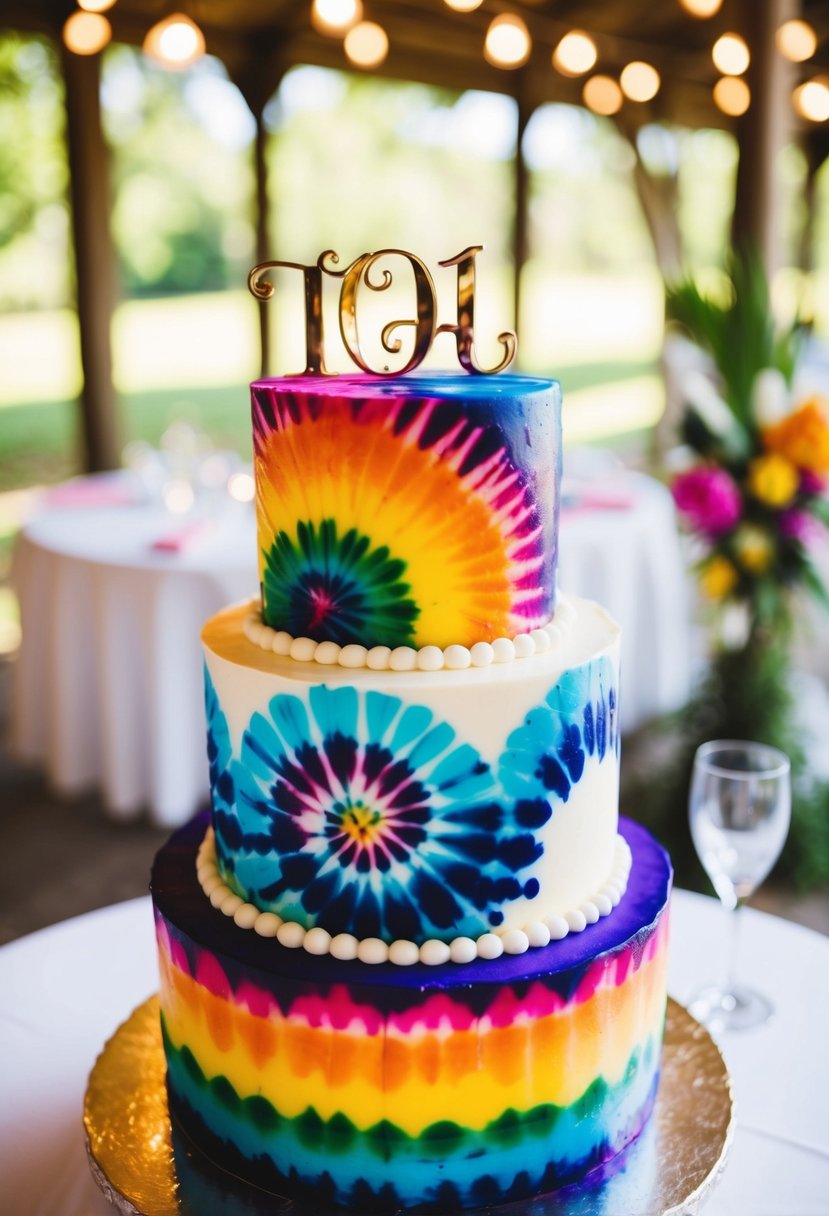 A vibrant rainbow wedding cake with a tie-dye design, featuring bold and swirling colors in a mesmerizing pattern