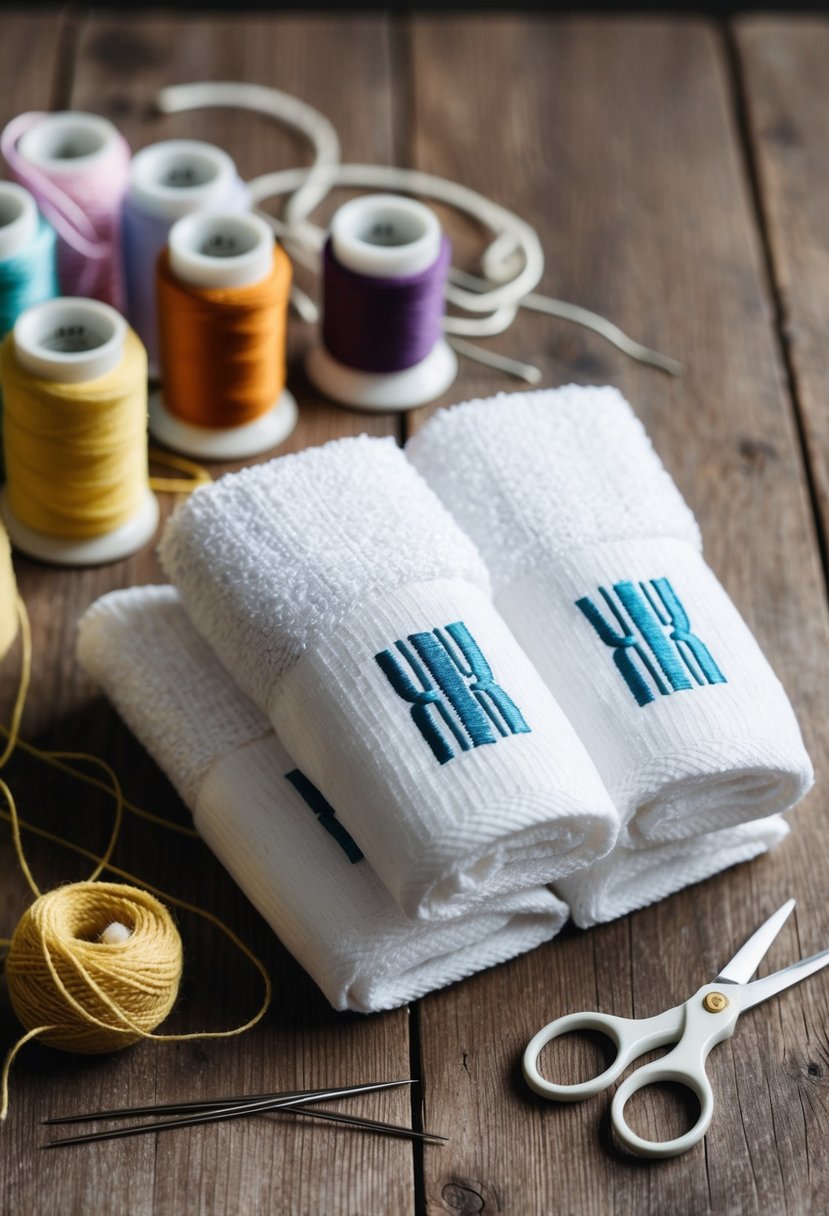 A pair of monogrammed towels arranged on a rustic wooden table, surrounded by craft supplies like embroidery thread, needles, and scissors