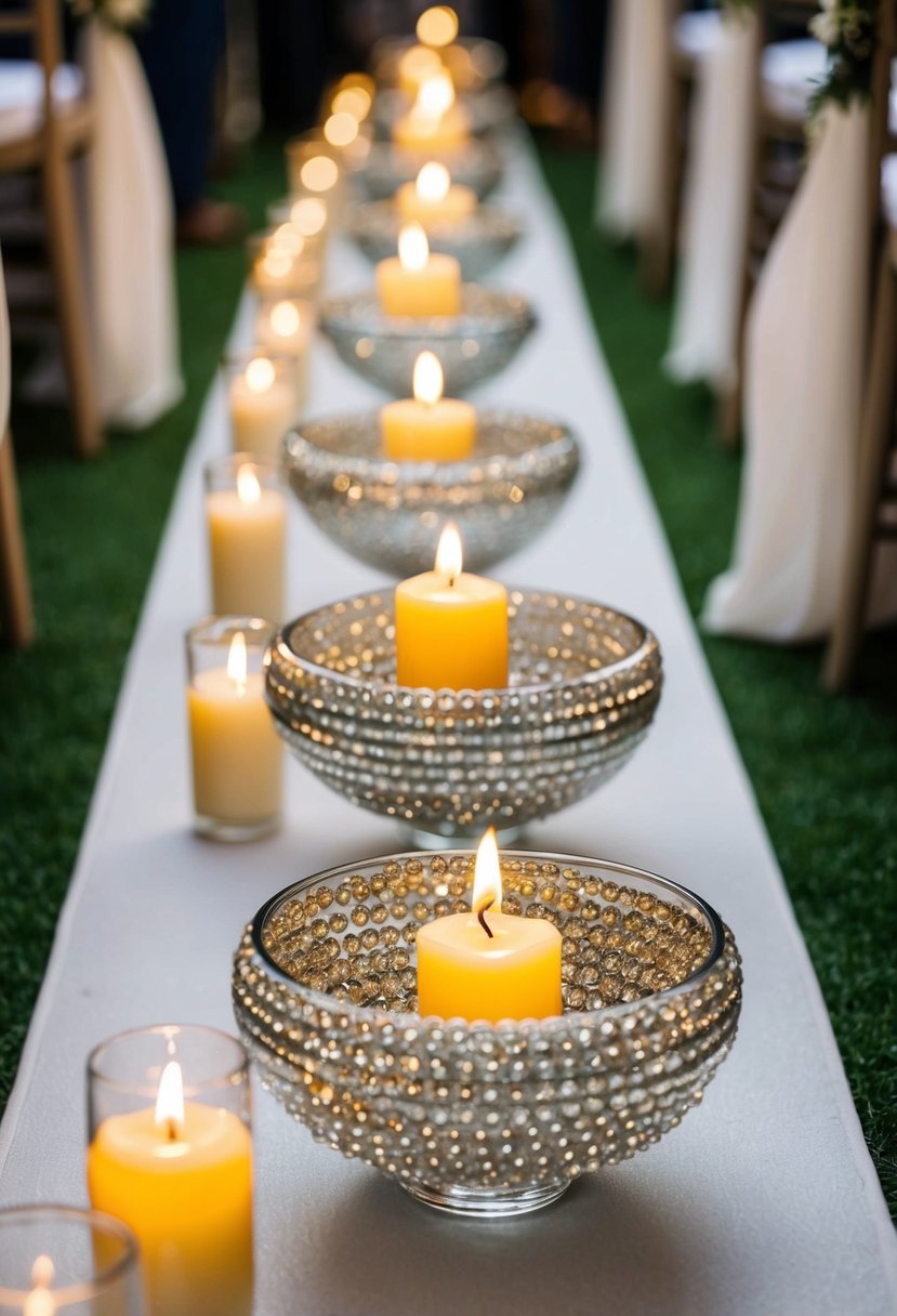 Fishbowls filled with sparkling beads line the wedding aisle, each holding a flickering candle