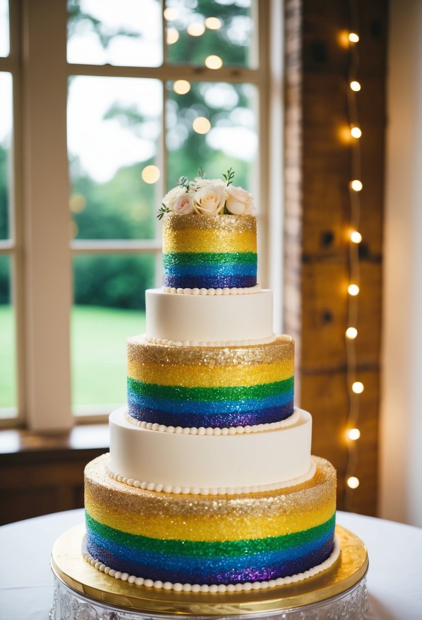 A multi-tiered wedding cake adorned with a glittery rainbow finish, sparkling under the soft glow of fairy lights