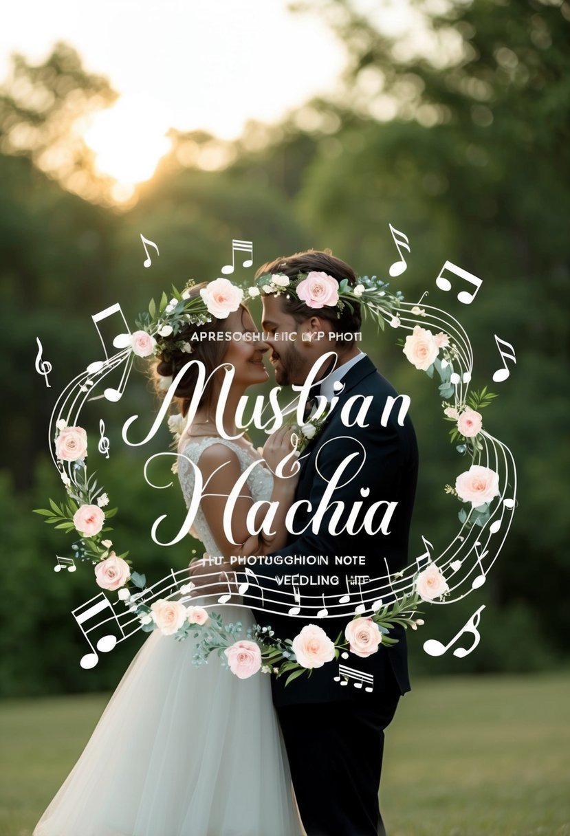 A couple's names intertwined with delicate floral designs, surrounded by musical notes and symbols, evoking a romantic and personalized song lyric art wedding gift idea