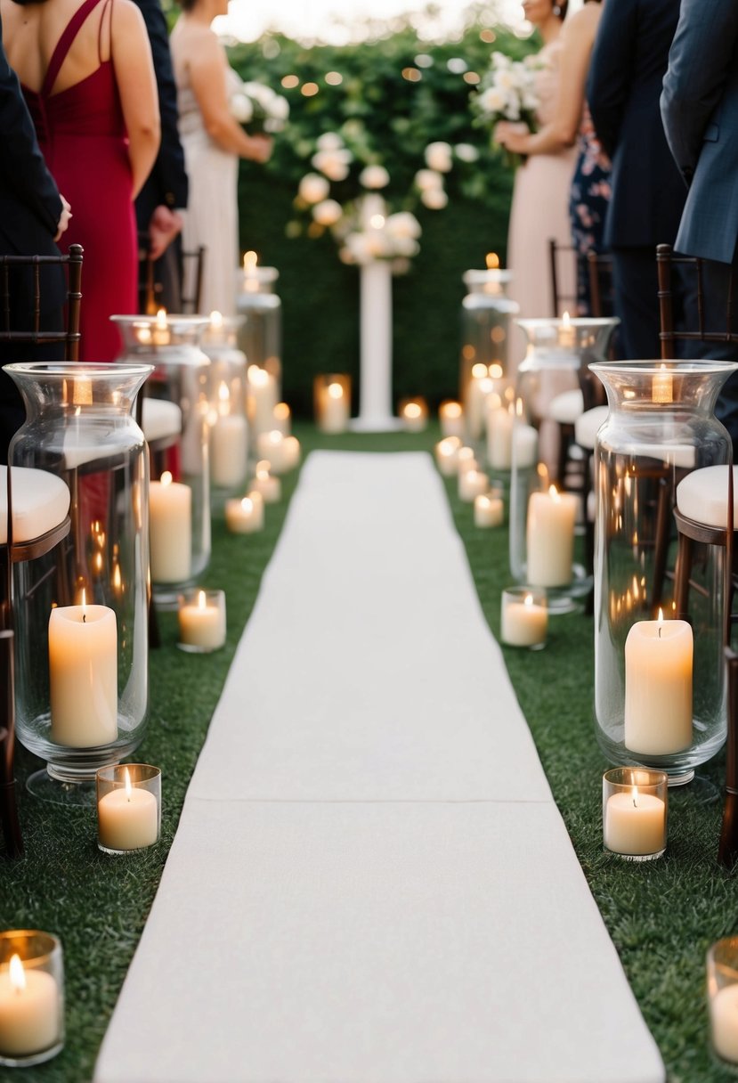 Tall hurricane vases with candles line the ends of a wedding aisle