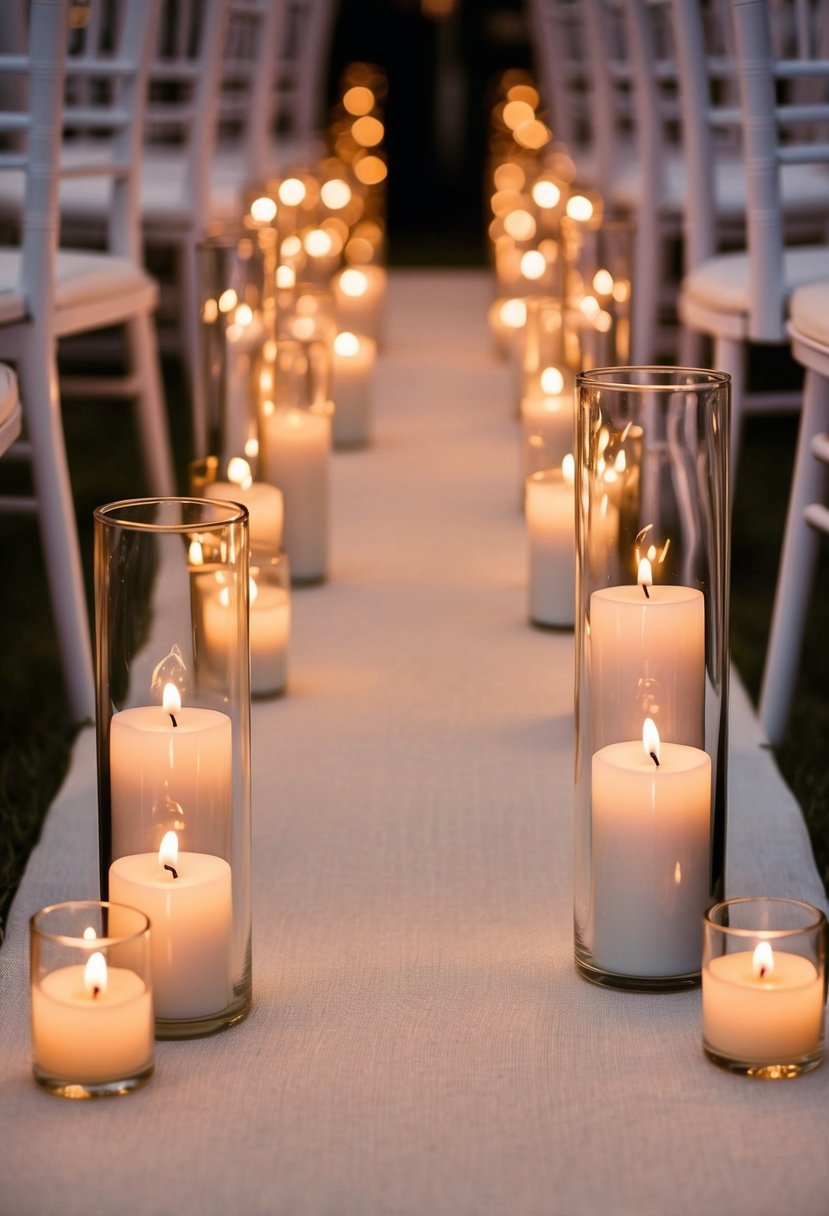 Glass cylinders with tea lights line the wedding aisle, casting a warm and romantic glow