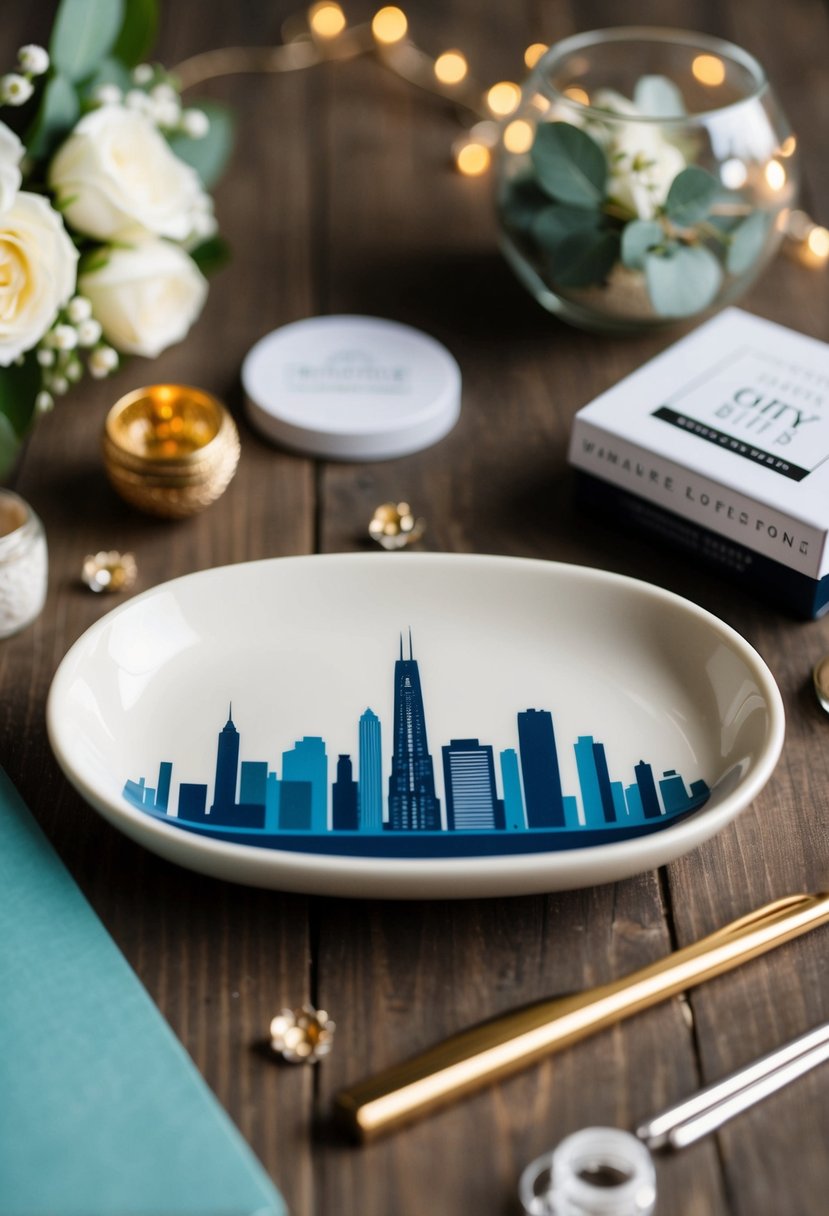 A city skyline trinket dish, surrounded by wedding decor and craft supplies for a DIY gift project