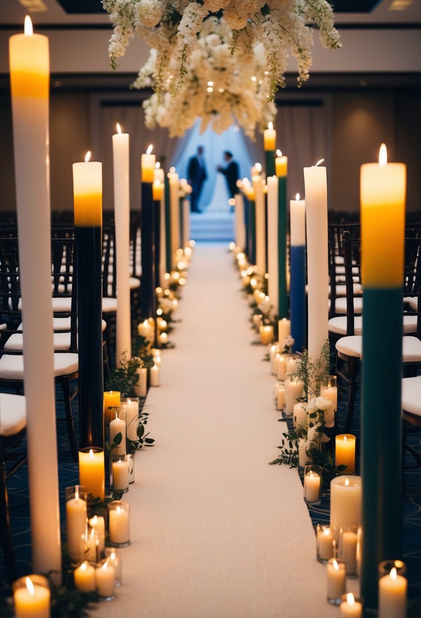 A long wedding aisle lined with tall, dramatic pillar candles in various sizes and colors, creating a romantic and enchanting atmosphere