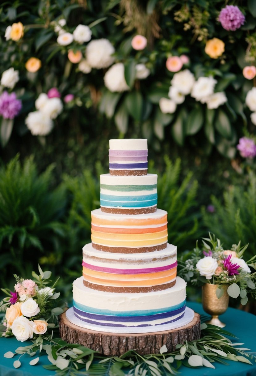 A rustic, multi-tiered wedding cake adorned with vibrant rainbow-colored accents, set against a backdrop of lush greenery and blooming flowers