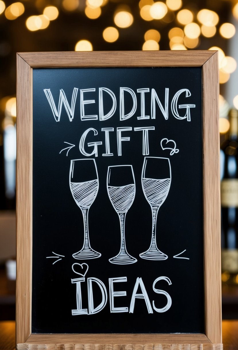 A blackboard with wine glasses and wedding gift ideas drawn on it