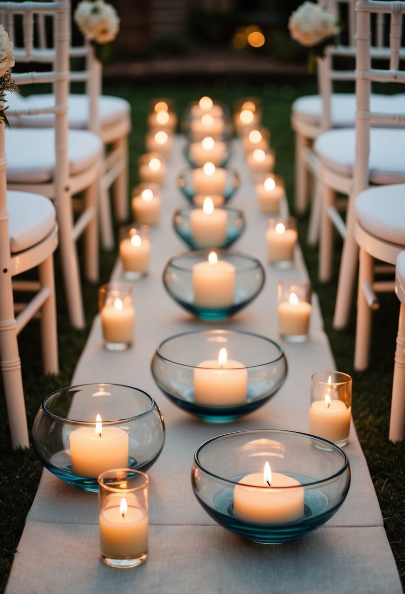 Glass bowls with floating candles line the wedding aisle, casting a warm glow