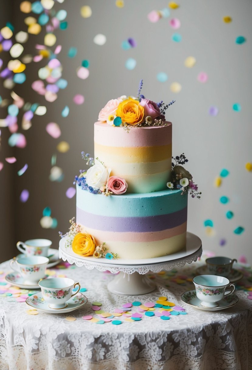 A vintage-inspired rainbow wedding cake with pastel layers and delicate floral accents sits on a lace-covered table, surrounded by antique tea cups and colorful confetti