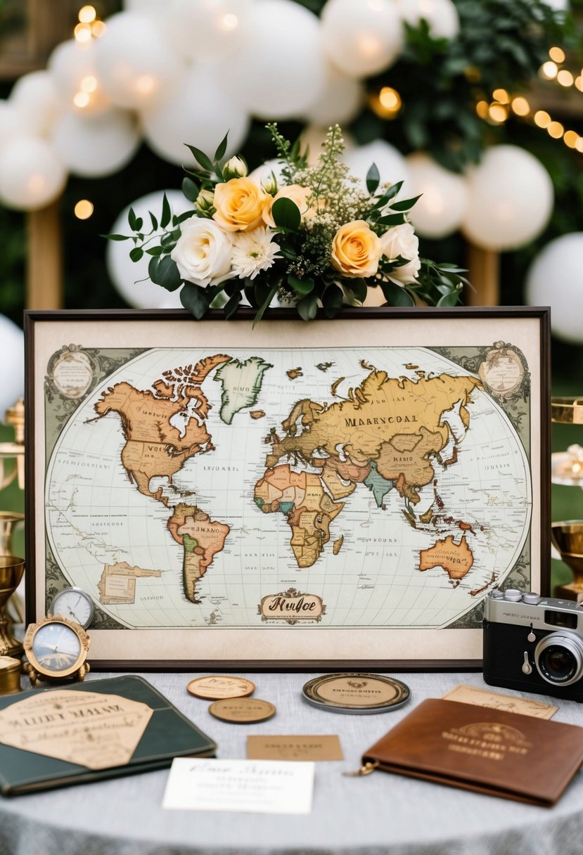 A vintage-style map with personalized engravings surrounded by travel-themed decor and wedding elements