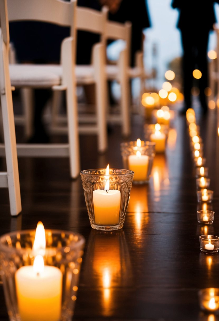 Vintage-style votive holders line a wedding aisle, each glowing with a flickering candle, creating a romantic and enchanting atmosphere