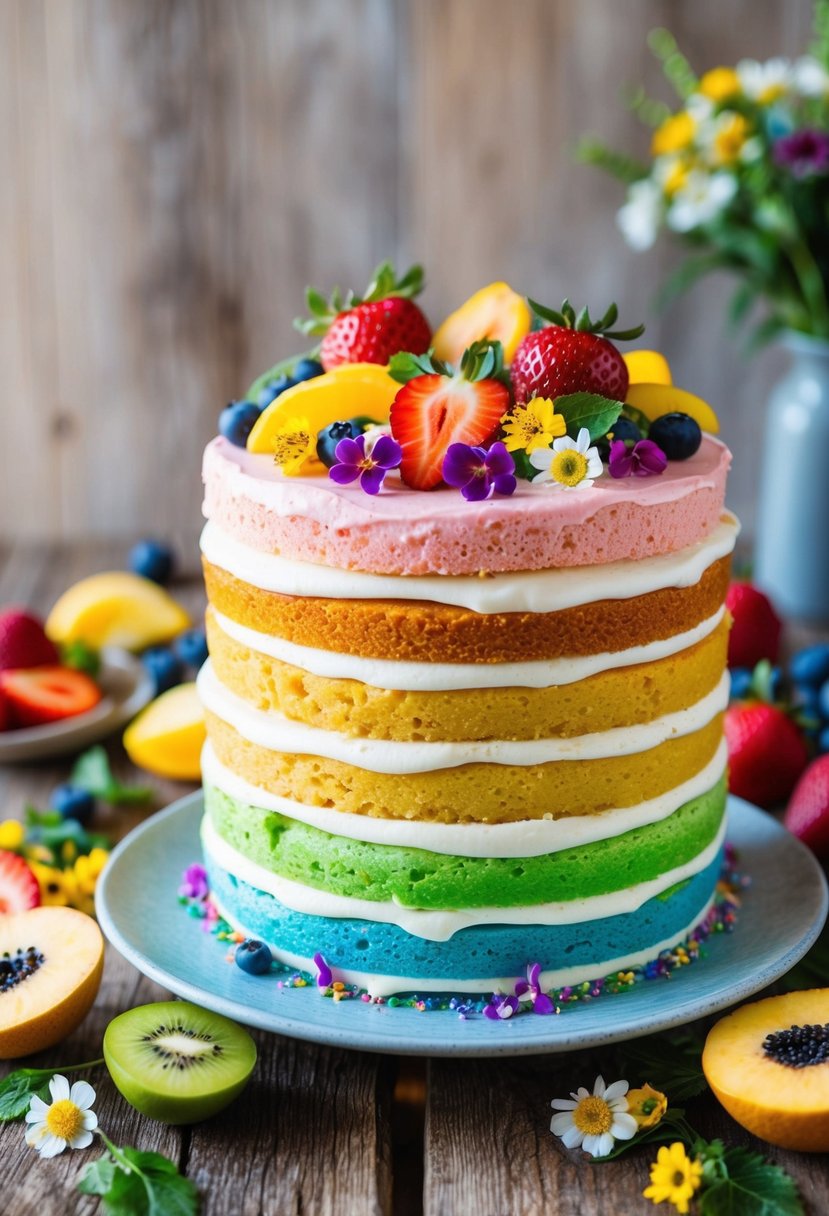 A vibrant, multi-layered rainbow cake surrounded by fresh fruit and edible flowers on a rustic wooden table