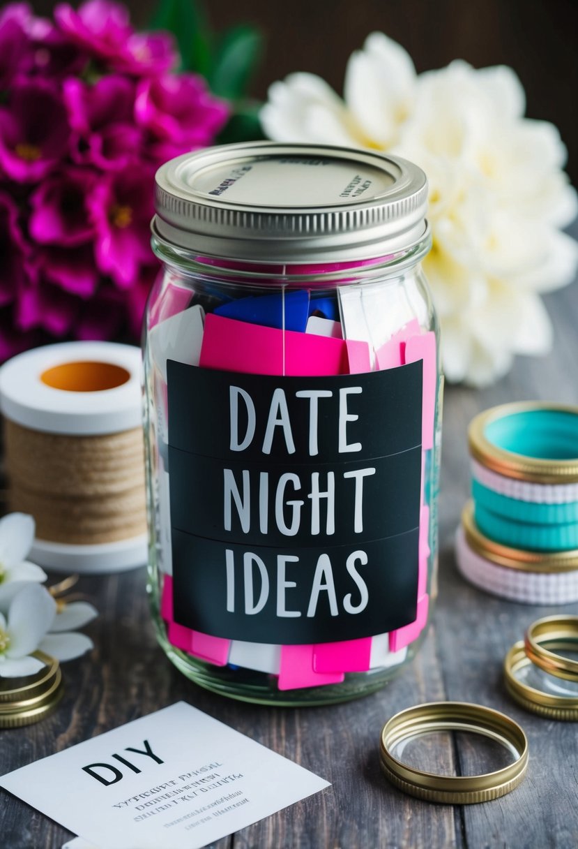 A jar filled with date night ideas, surrounded by wedding decor and DIY materials