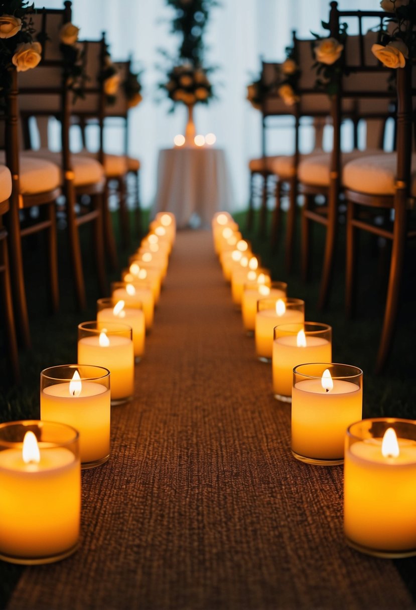 LED candles casting a warm, flickering glow along a wedding aisle, creating a safe and romantic atmosphere