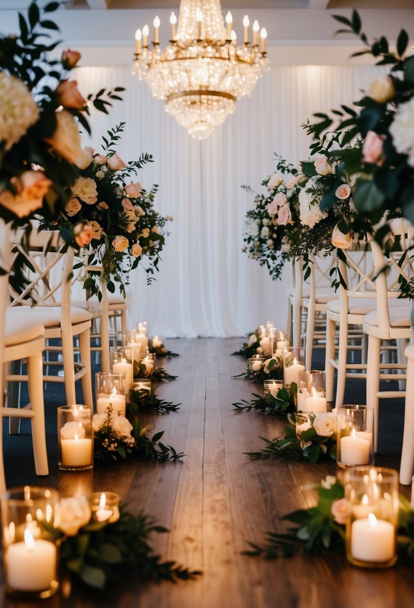 A wedding aisle lined with floral arrangements and candles