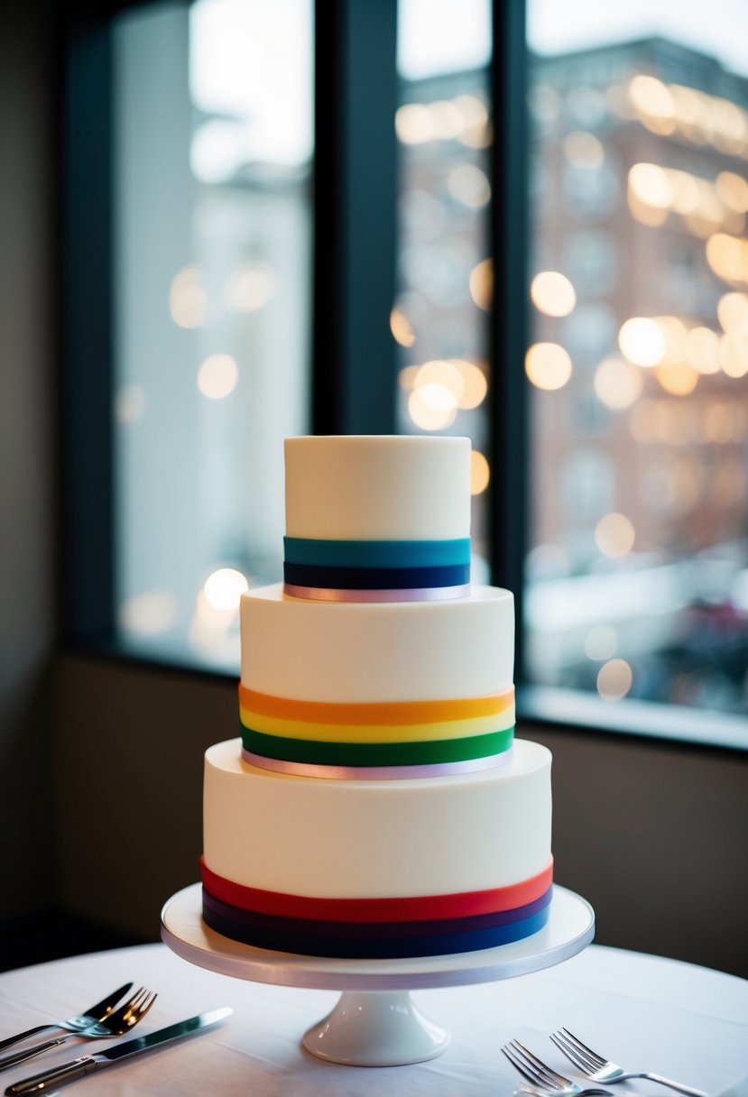 A three-tiered wedding cake with minimalist rainbow elements