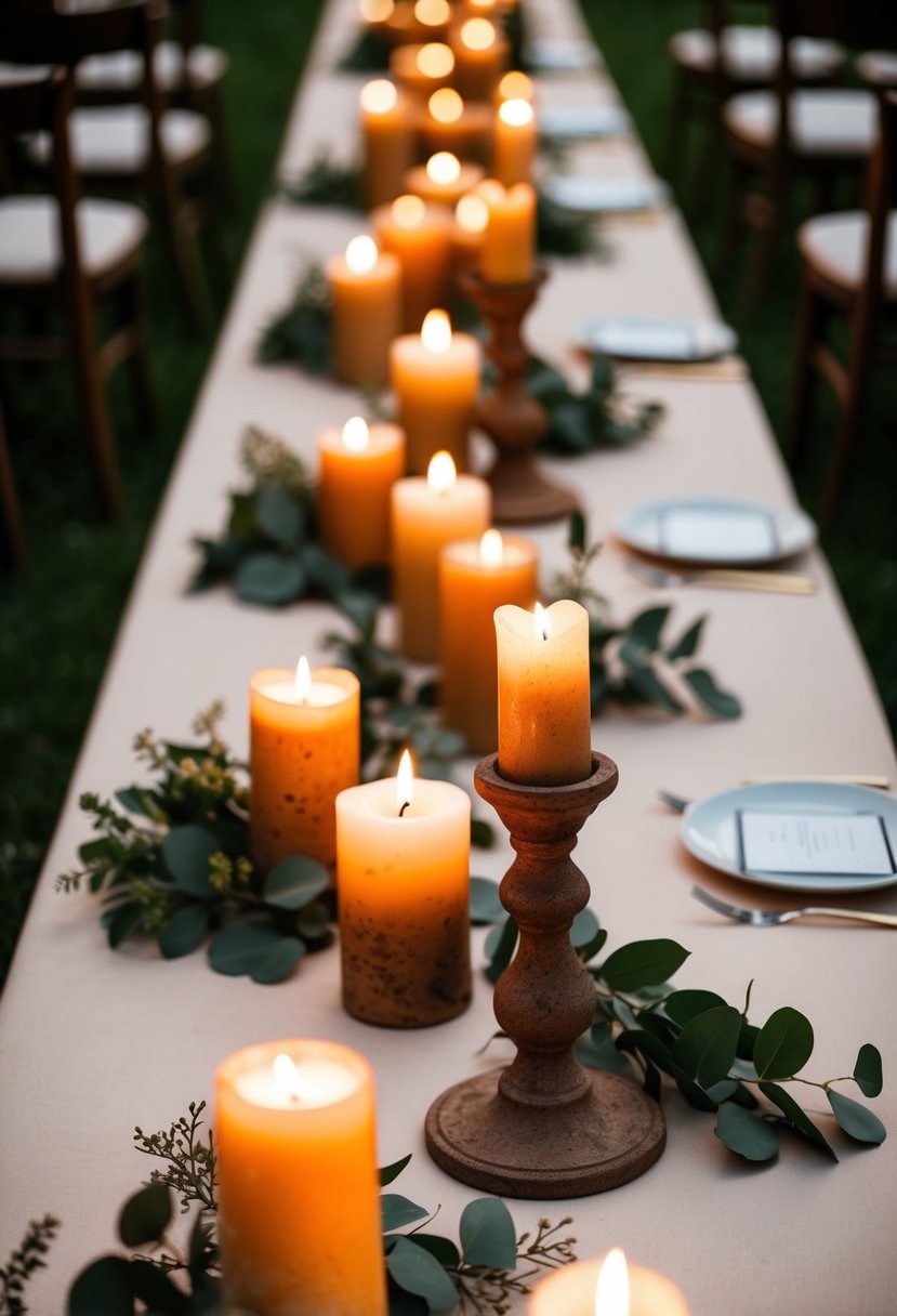 Rustic candlesticks arranged along a charming wedding aisle, creating a warm and romantic atmosphere