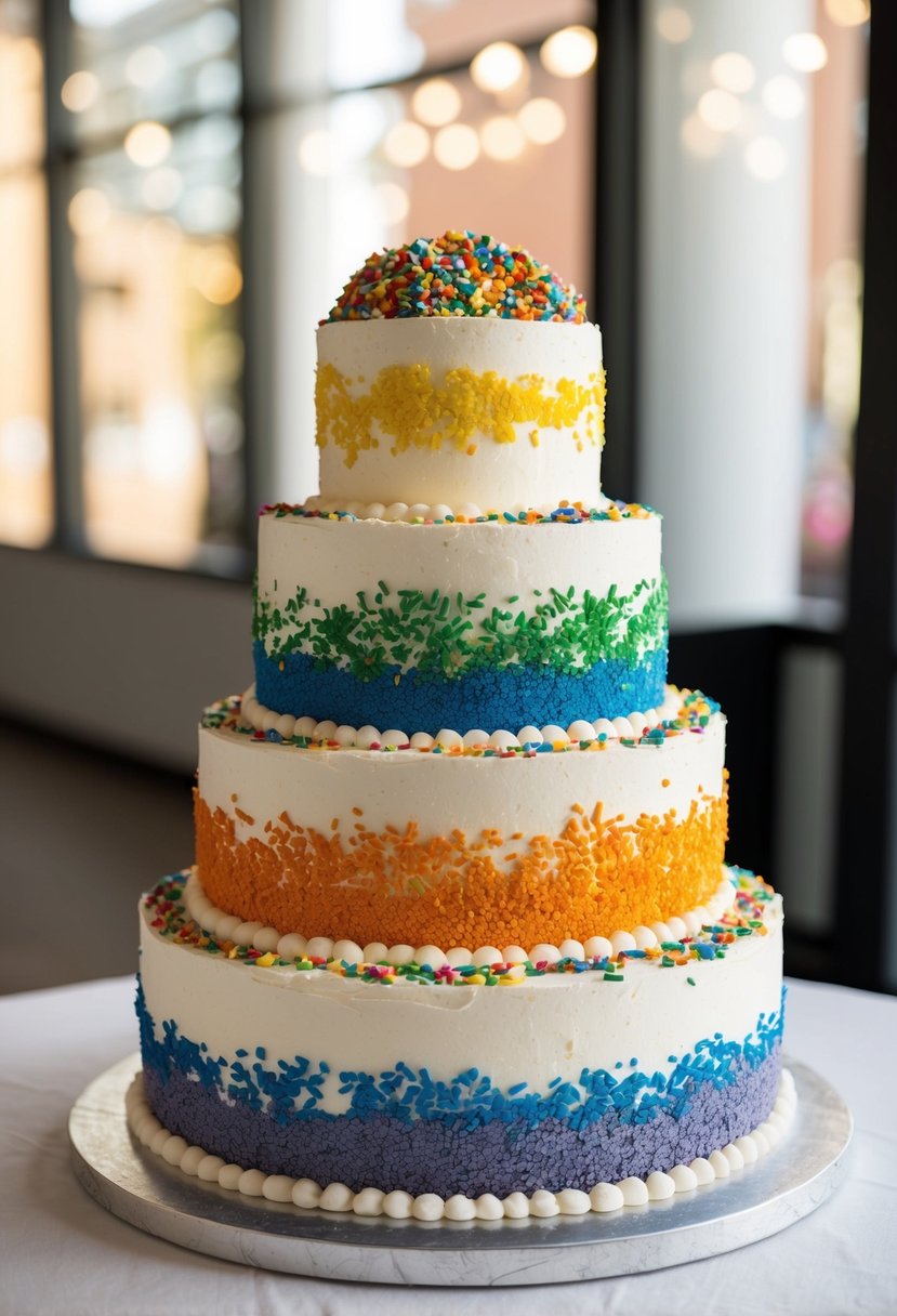 A multi-tiered wedding cake covered in chunky rainbow sprinkles, with colorful layers inside