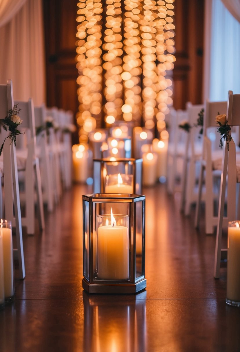 Candles in mirrored holders line the wedding aisle, casting a warm and romantic glow