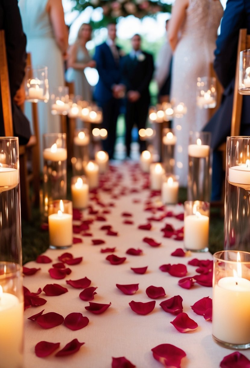 Rose petals line the wedding aisle, leading to candles flickering in the soft light