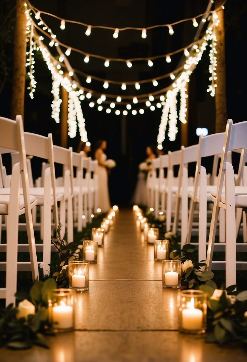 Twinkle lights and candles line a wedding aisle, creating a romantic and enchanting atmosphere