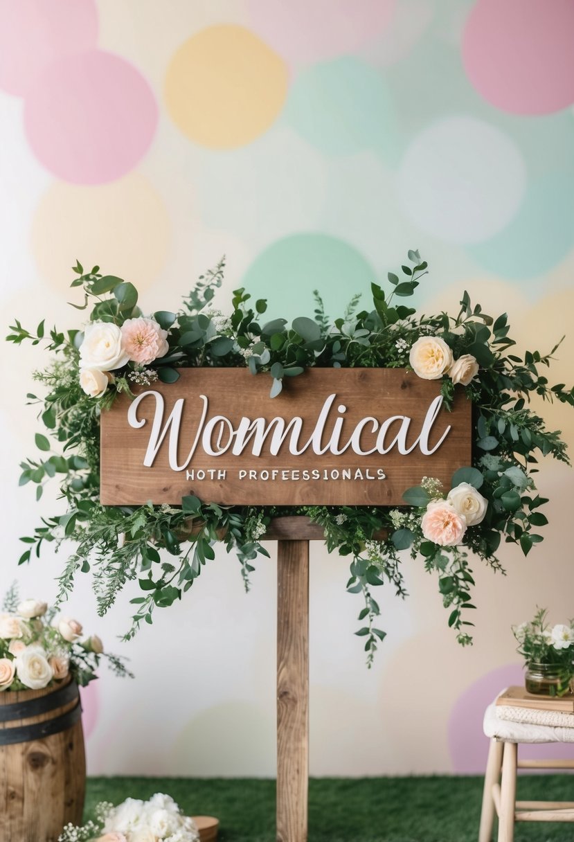 A rustic wooden sign adorned with greenery and flowers, set against a backdrop of soft pastel colors