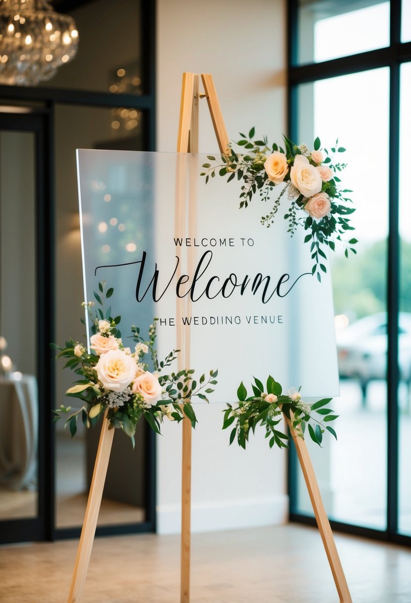 A frosted acrylic welcome sign adorned with elegant floral designs, displayed on a sleek stand at the entrance of a wedding venue