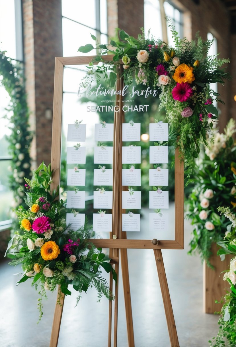 A lush botanical-themed acrylic seating chart with vibrant flowers and greenery, elegantly displayed on a wooden easel