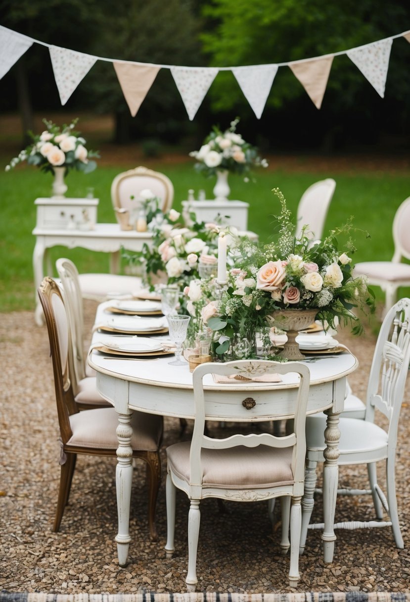 A shabby chic wedding scene with vintage mismatched furniture, floral arrangements, and bunting in a rustic outdoor setting