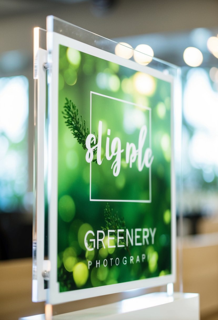 A simple, modern acrylic sign with printed greenery designs