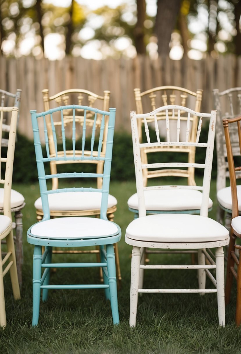 Mismatched vintage chairs arranged for shabby chic wedding seating