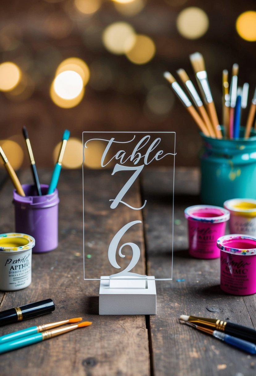 A set of elegant acrylic table numbers displayed on a rustic wooden table, surrounded by calligraphy pens, paintbrushes, and pots of vibrant acrylic paint