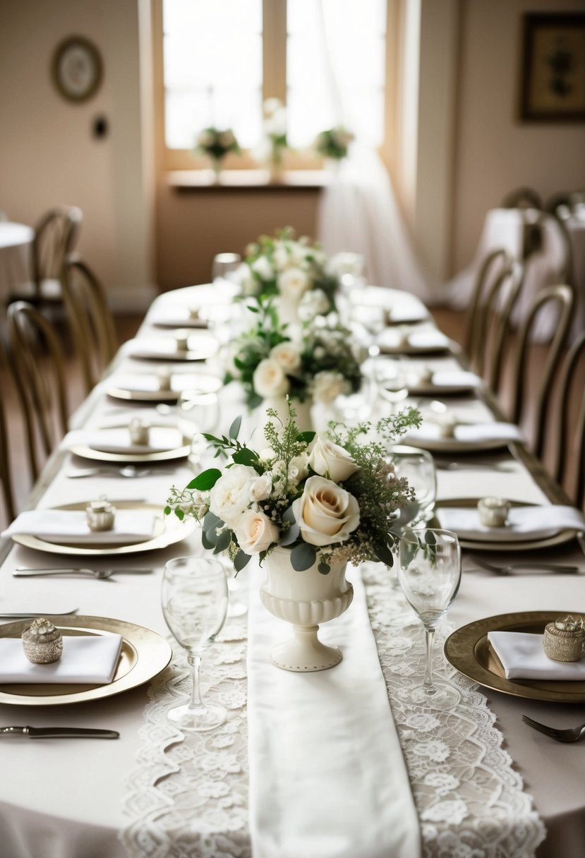 A shabby chic wedding table adorned with lace runners and vintage decor