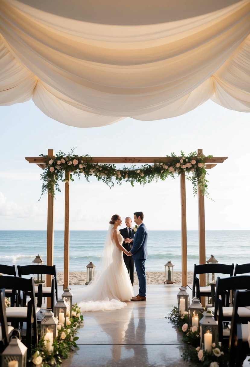 A seaside ceremony under a billowing canopy, with lanterns and flowers adorning the space. A simple wooden arch frames the couple against the ocean backdrop