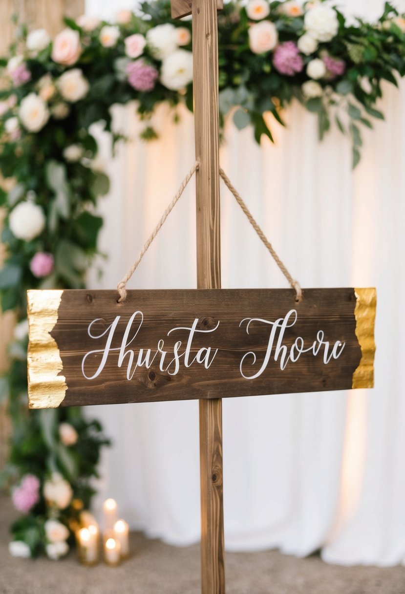 A rustic wooden sign with gold leaf edges hangs against a floral backdrop at a wedding reception