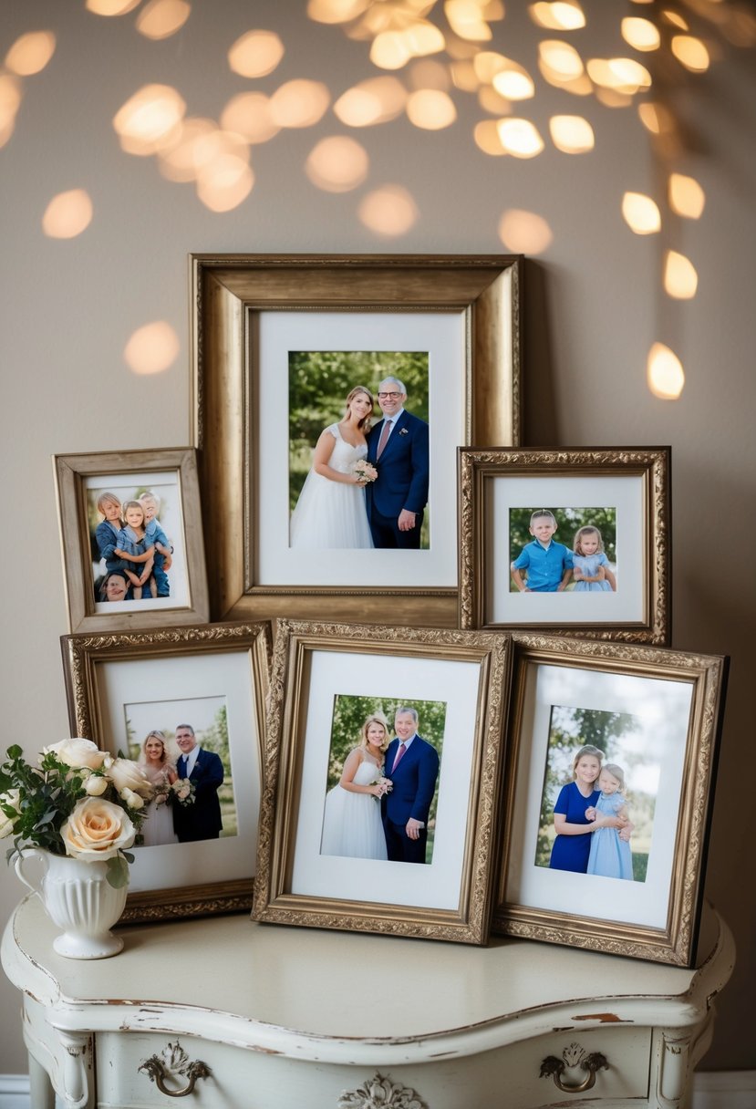 Vintage frames with family photos arranged on a shabby chic table