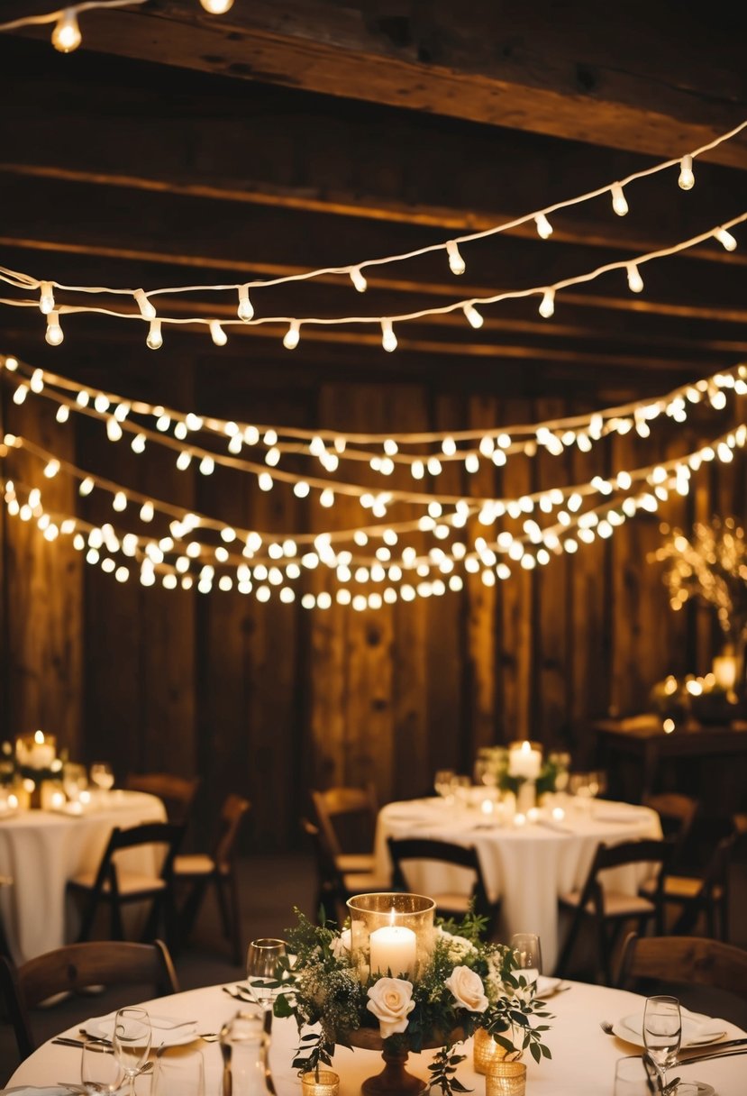 Fairy lights drape above a rustic reception area, creating a shabby chic ambiance for a wedding celebration